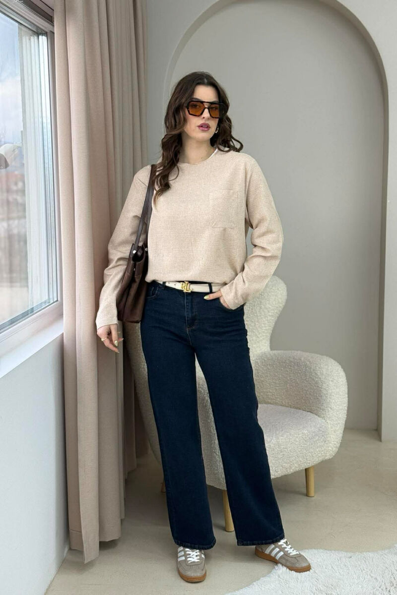 BLUZË NJË NGJYRËSHE ME JAKË RRUMBULLAKE DHE ME DETAJIN E XHEPIT PËR FEMRA NË NGJYRËN BEZHË - 1