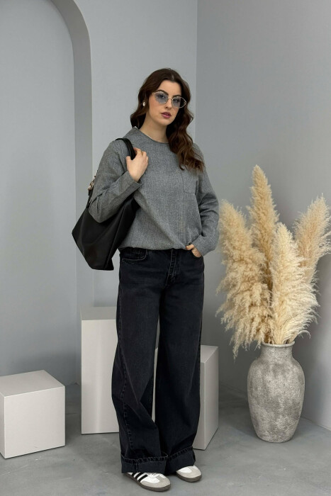 BLUZË NJË NGJYRËSHE ME JAKË RRUMBULLAKE DHE ME DETAJIN E XHEPIT PËR FEMRA NË NGJYRËN GRI - 6