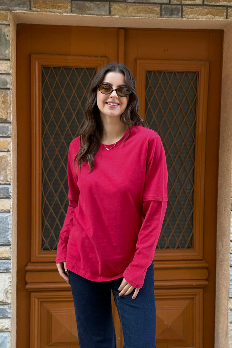 BLUZË NJË NGJYRËSHE ME JAKË TË RRUMBULLAKËT PËR FEMRA NË NGJYRË TË KUQE - 2