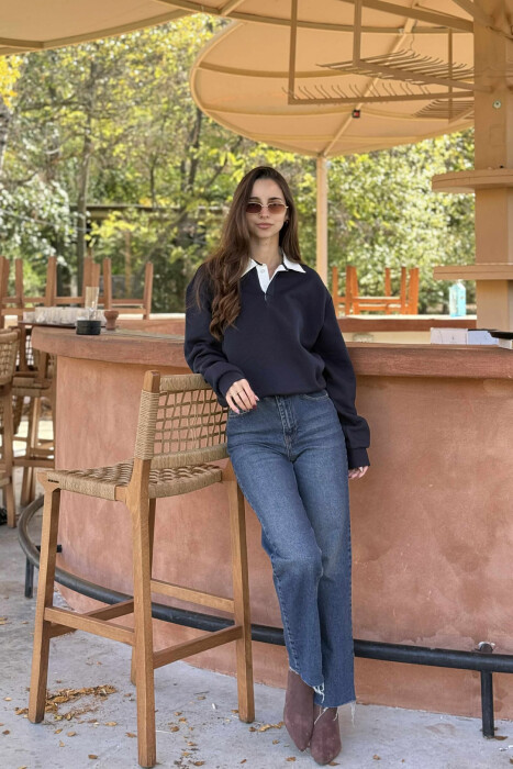 BLUZË NJË NGJYRËSHE ME PUSH DHE JAKË POLO PËR FEMRA NË NGJYRË BLU - 5