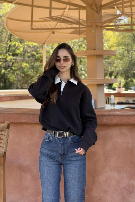 BLUZË NJË NGJYRËSHE ME PUSH DHE JAKË POLO PËR FEMRA NË NGJYRË TË ZEZË - 2