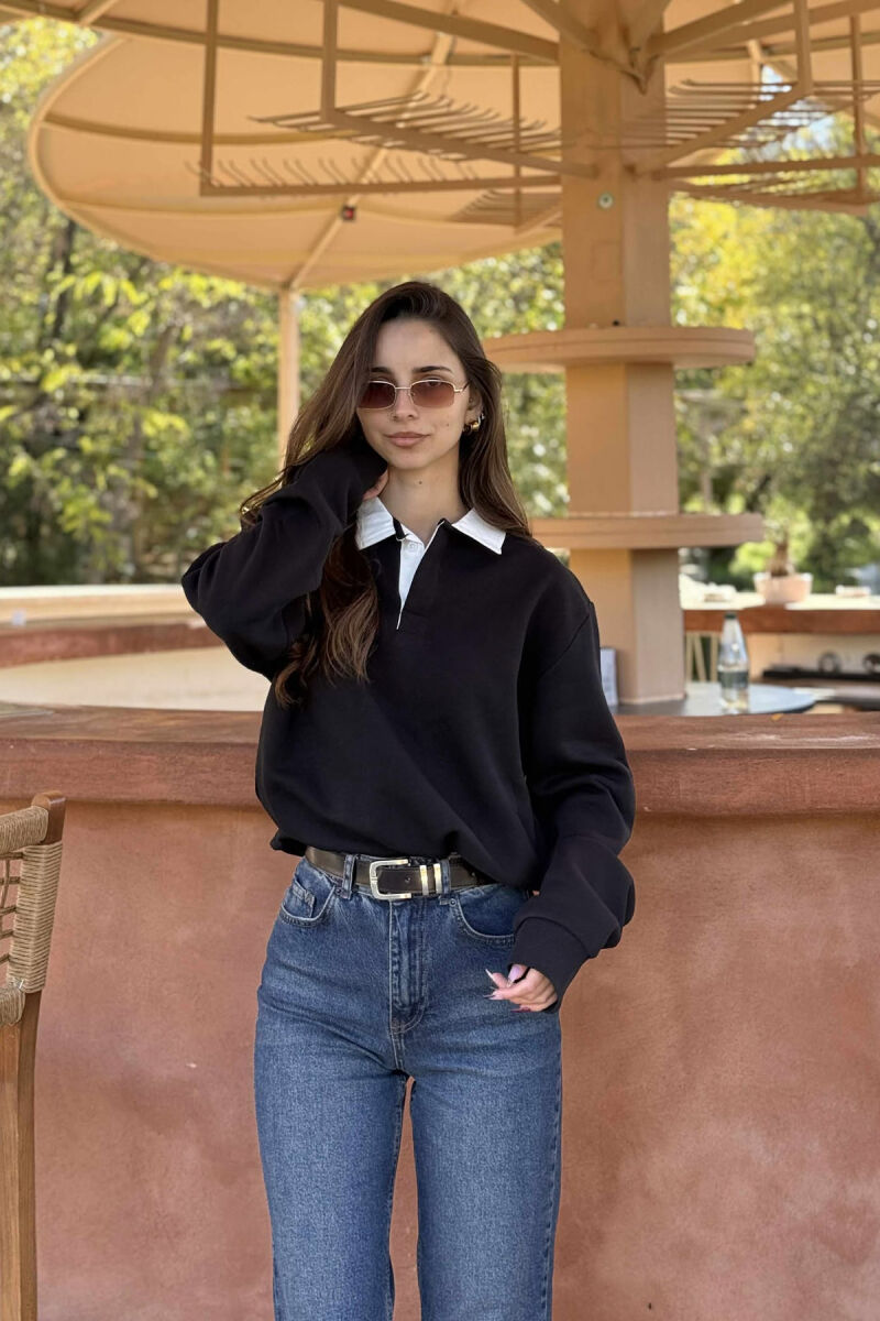 BLUZË NJË NGJYRËSHE ME PUSH DHE JAKË POLO PËR FEMRA NË NGJYRË TË ZEZË - 2