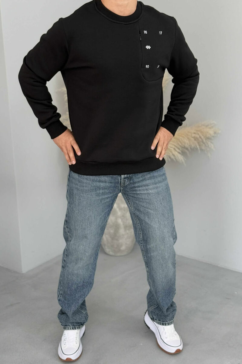 BLUZË NJË NGJYRËSHE ME PUSH DHE JAKË TË RRUMBULLAKËT PËR MESHKUJ NË NGJYRË TË ZEZË - 1