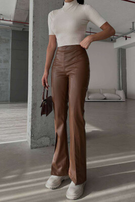 BOOT CUT LEATHER WOMEN TROUSERS BROWN/KAFE 