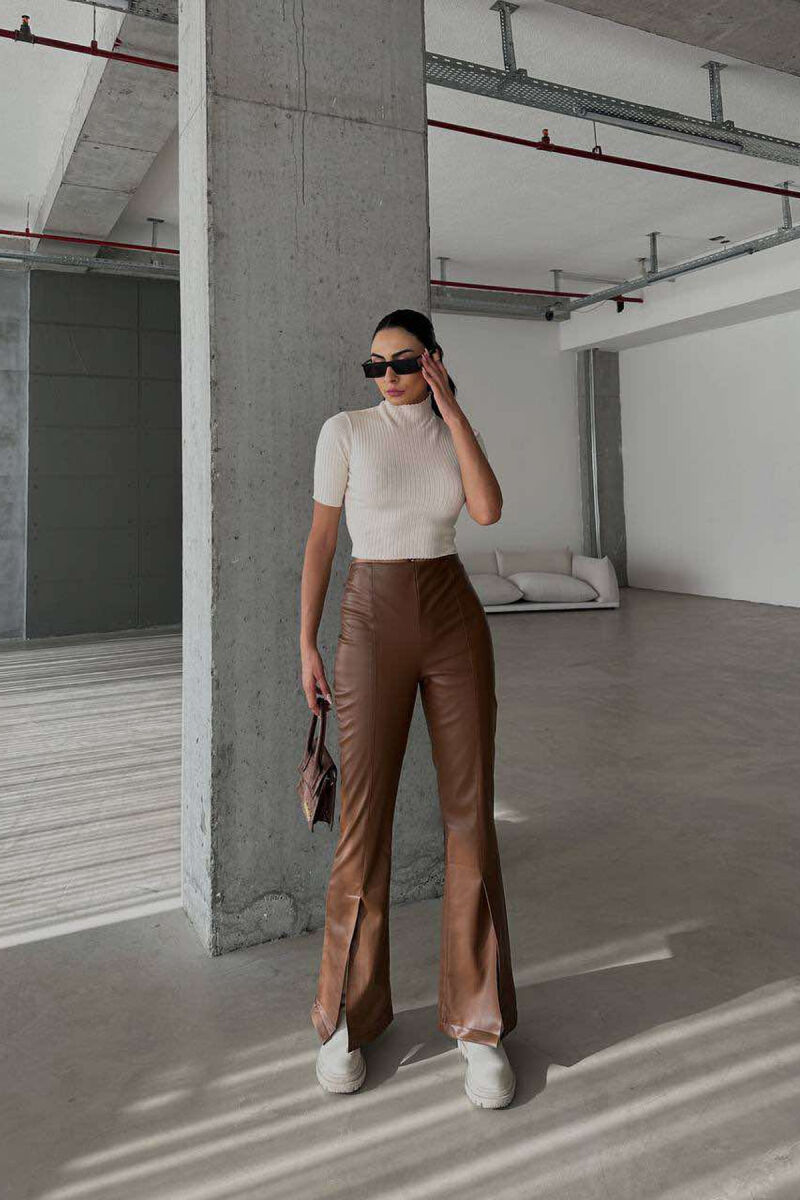 BOOT CUT LEATHER WOMEN TROUSERS BROWN/KAFE - 2