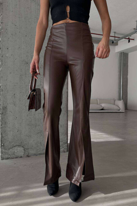 BOOT CUT LEATHER WOMEN TROUSERS IN DARK BROWN COLOR 