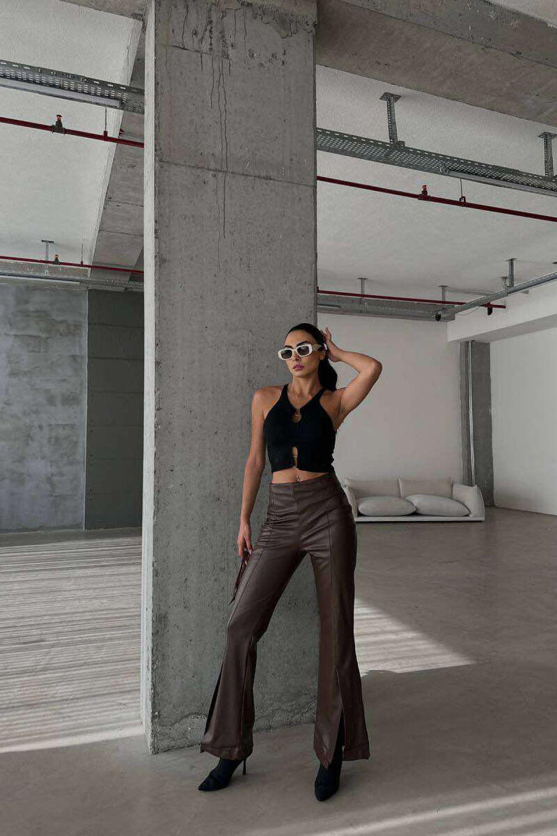 BOOT CUT LEATHER WOMEN TROUSERS DARK BROWN/KAE - 2