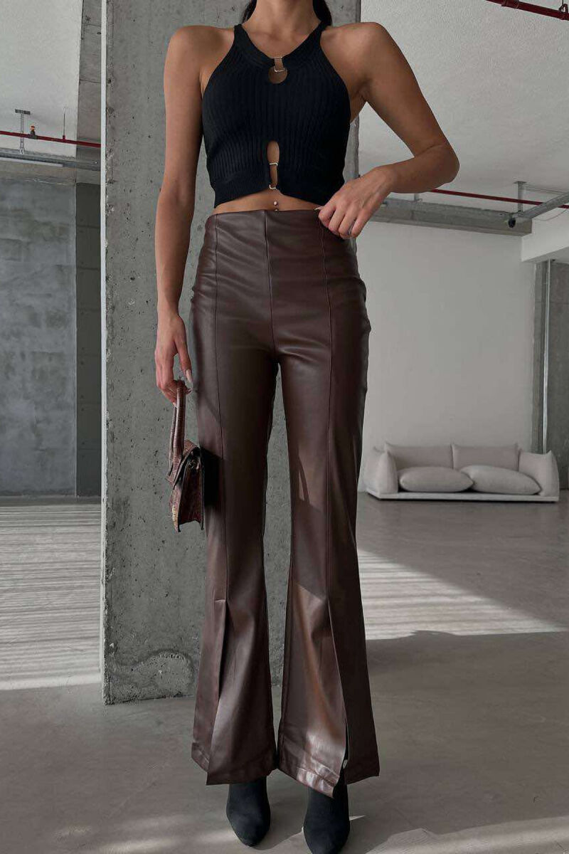 BOOT CUT LEATHER WOMEN TROUSERS DARK BROWN/KAE - 3