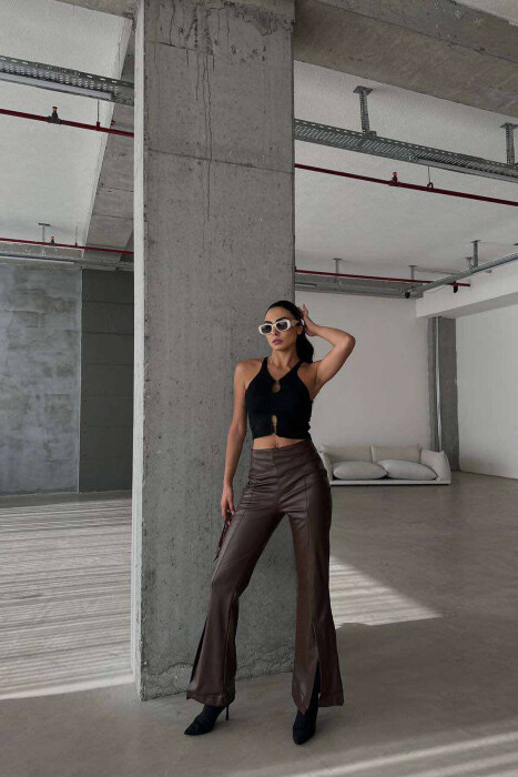 BOOT CUT LEATHER WOMEN TROUSERS IN DARK BROWN COLOR - 2