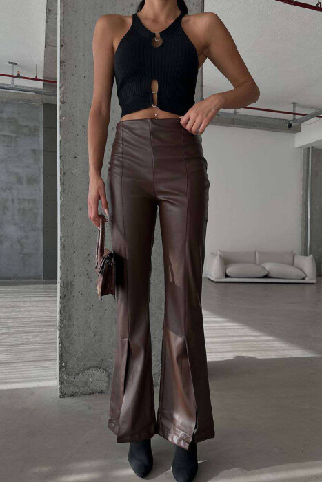 BOOT CUT LEATHER WOMEN TROUSERS IN DARK BROWN COLOR - 3