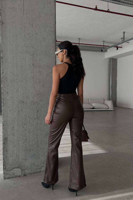 BOOT CUT LEATHER WOMEN TROUSERS IN DARK BROWN COLOR - 4