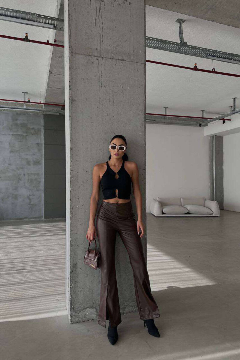 BOOT CUT LEATHER WOMEN TROUSERS IN DARK BROWN COLOR - 5