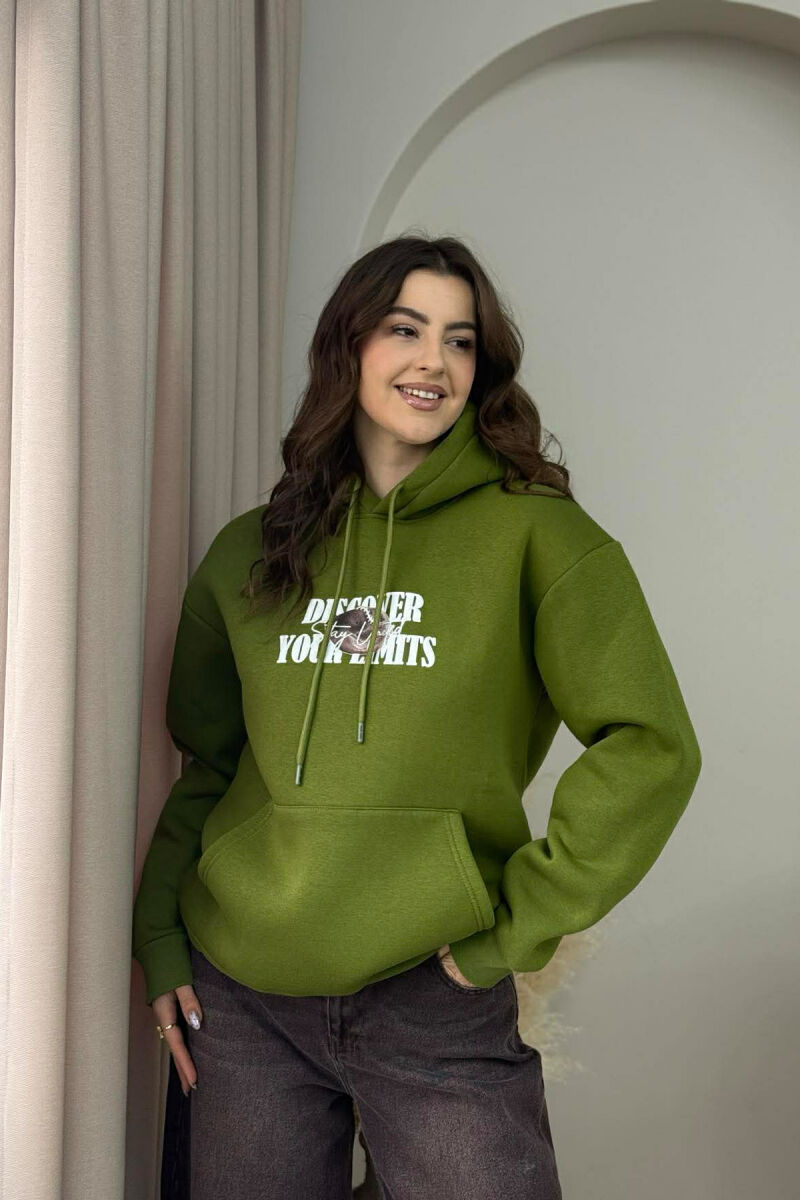 BOTH SIDE DESIGN FLUFFY WOMEN HOODIE OLIVE/ULLI - 2