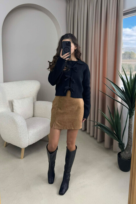 BOW DETAIL LACINGS ONE COLOR WOMEN CARDIGAN BLACK/ E ZEZE - 2