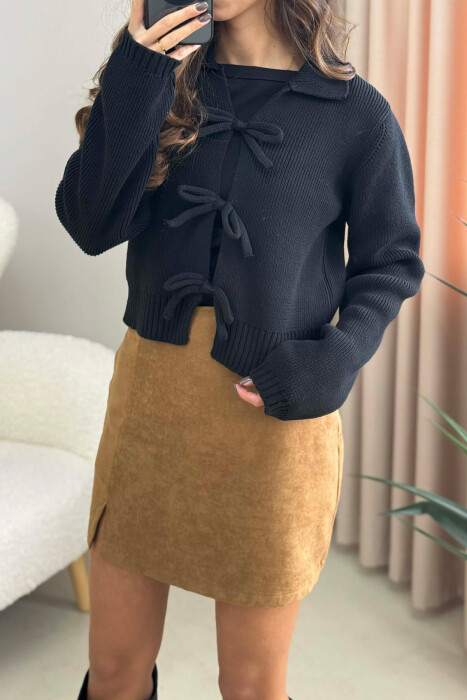 BOW DETAIL LACINGS ONE COLOR WOMEN CARDIGAN BLACK/ E ZEZE - 3