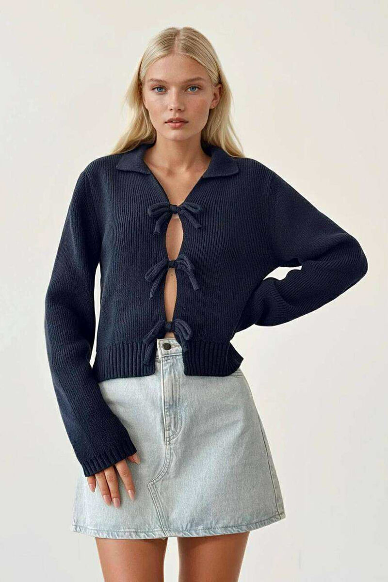 BOW DETAIL LACINGS ONE COLOR WOMEN CARDIGAN DARK BLUE/BEE - 1
