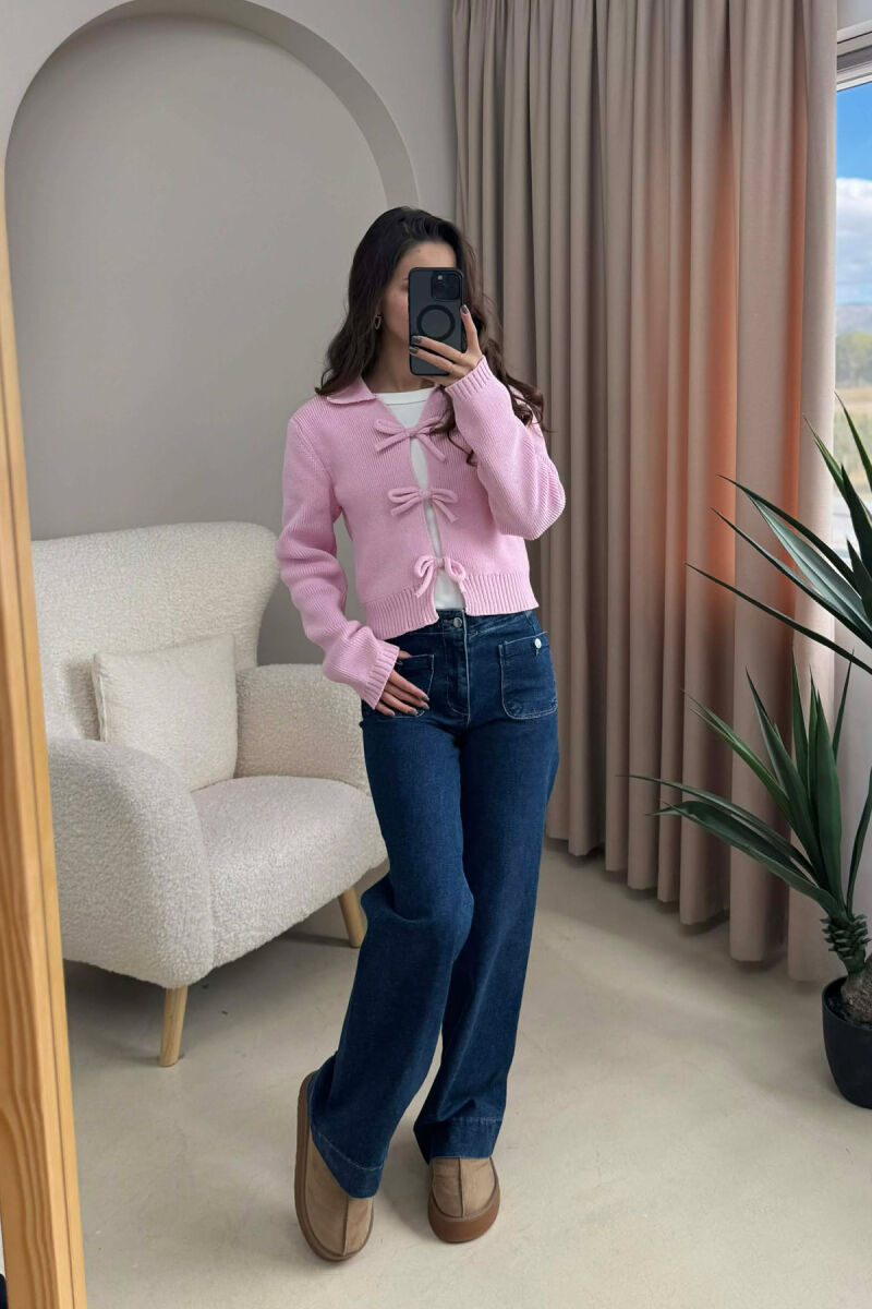 BOW DETAIL LACINGS ONE COLOR WOMEN CARDIGAN PINK/ROZE - 1
