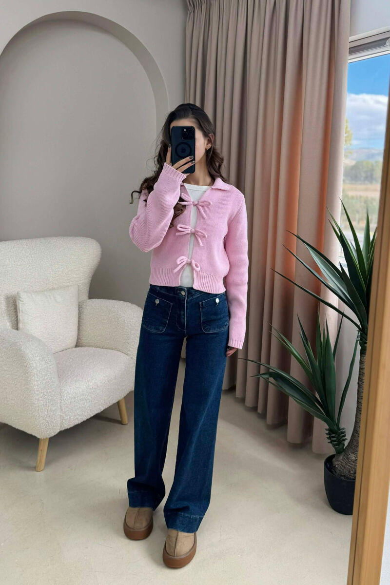 BOW DETAIL LACINGS ONE COLOR WOMEN CARDIGAN PINK/ROZE - 2