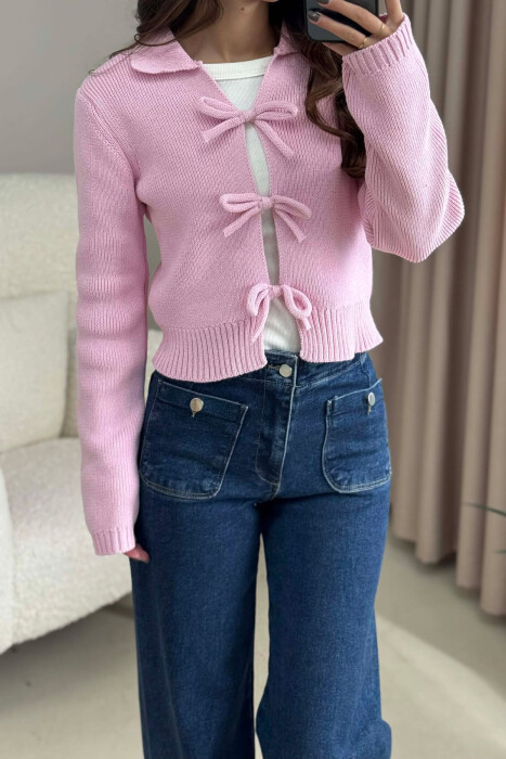 BOW DETAIL LACINGS ONE COLOR WOMEN CARDIGAN PINK/ROZE - 3