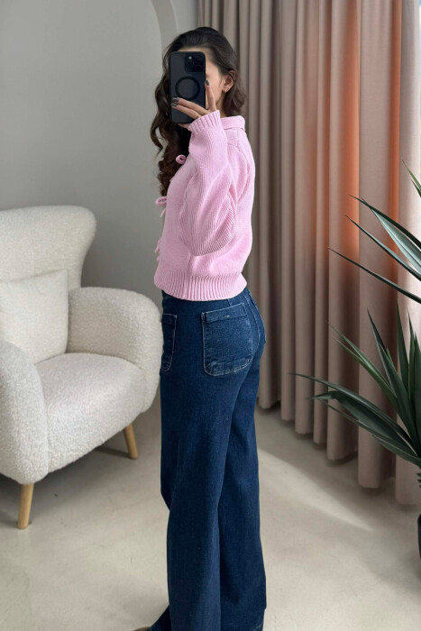 BOW DETAIL LACINGS ONE COLOR WOMEN CARDIGAN PINK/ROZE - 4