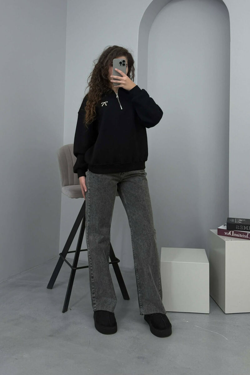 BOW DETAIL POLO NECK ZIPPER FLUFFY WOMEN SWEATSHIRT BLACK/ E ZEZE - 1