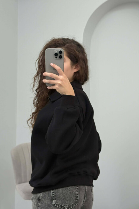 BOW DETAIL POLO NECK ZIPPER FLUFFY WOMEN SWEATSHIRT BLACK/ E ZEZE - 3