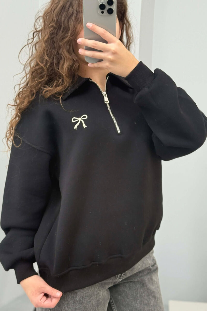 BOW DETAIL POLO NECK ZIPPER FLUFFY WOMEN SWEATSHIRT BLACK/ E ZEZE - 4