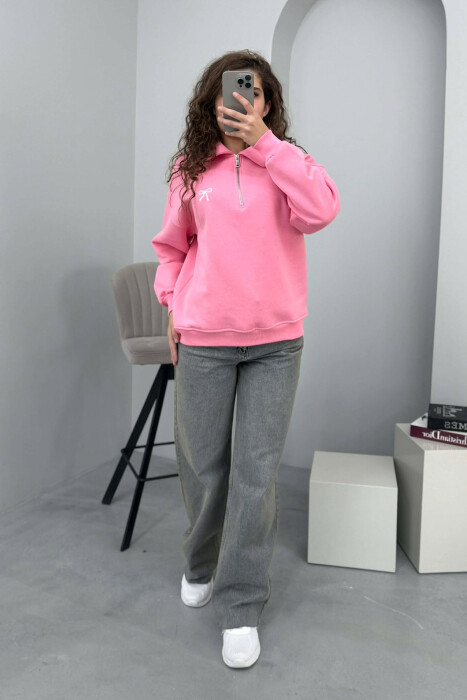 BOW DETAIL POLO NECK ZIPPER FLUFFY WOMEN SWEATSHIRT PINK/ROZE - 2