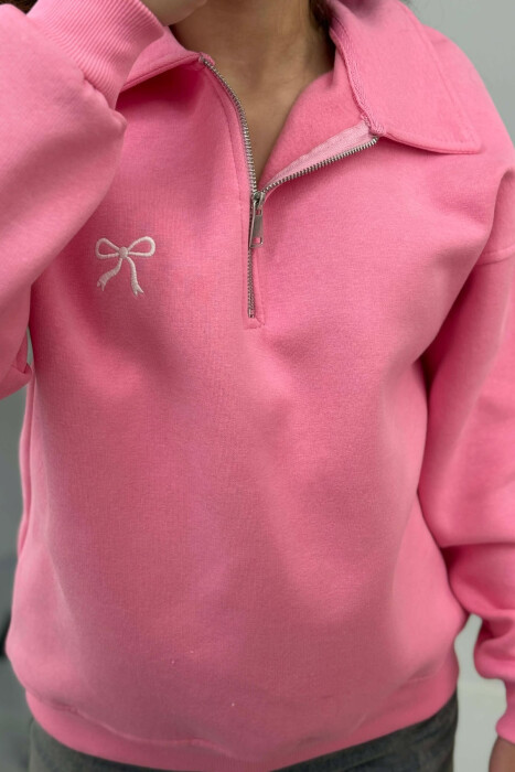 BOW DETAIL POLO NECK ZIPPER FLUFFY WOMEN SWEATSHIRT PINK/ROZE - 3