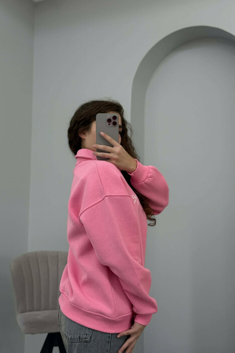 BOW DETAIL POLO NECK ZIPPER FLUFFY WOMEN SWEATSHIRT PINK/ROZE - 4