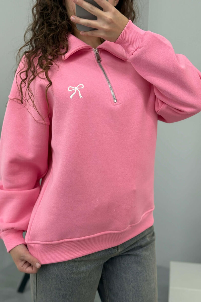BOW DETAIL POLO NECK ZIPPER FLUFFY WOMEN SWEATSHIRT PINK/ROZE - 5