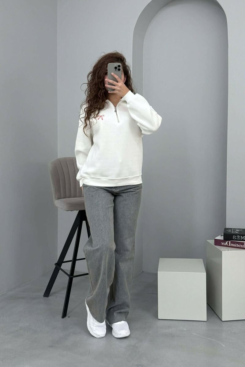 BOW DETAIL POLO NECK ZIPPER FLUFFY WOMEN SWEATSHIRT WHITE-E BARDHE - 1