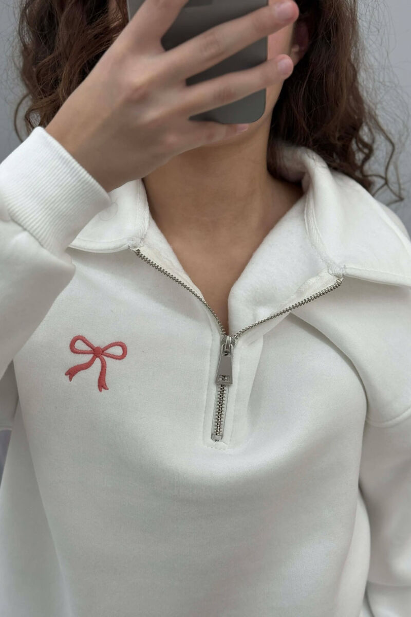 BOW DETAIL POLO NECK ZIPPER FLUFFY WOMEN SWEATSHIRT WHITE-E BARDHE - 2