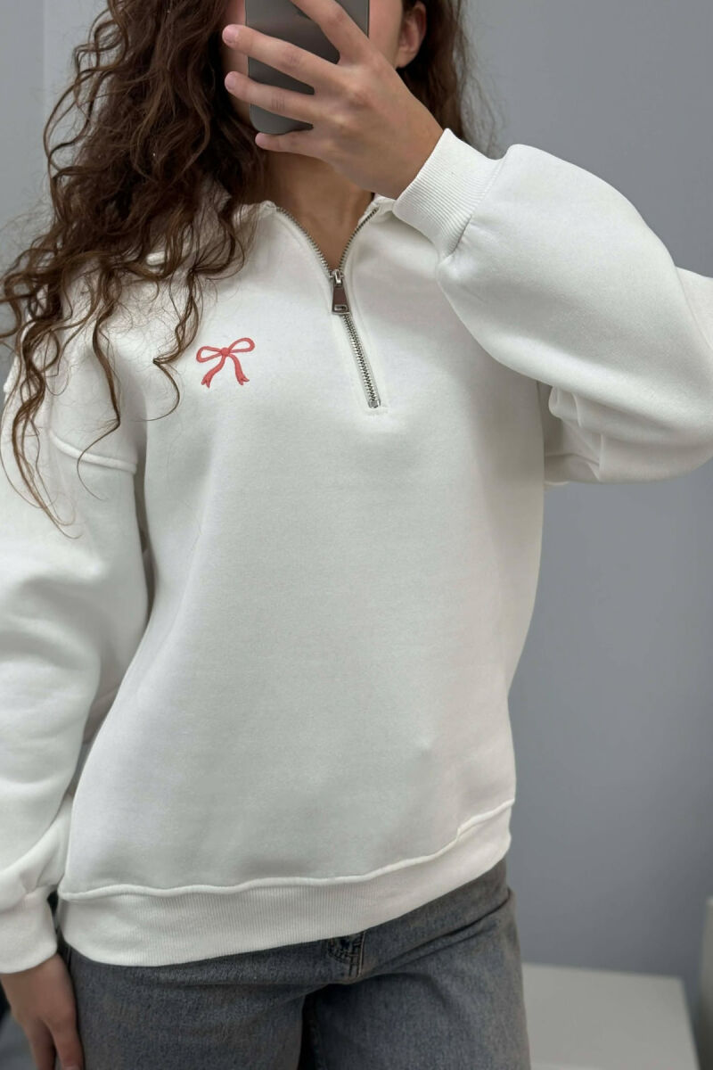 BOW DETAIL POLO NECK ZIPPER FLUFFY WOMEN SWEATSHIRT WHITE-E BARDHE - 4
