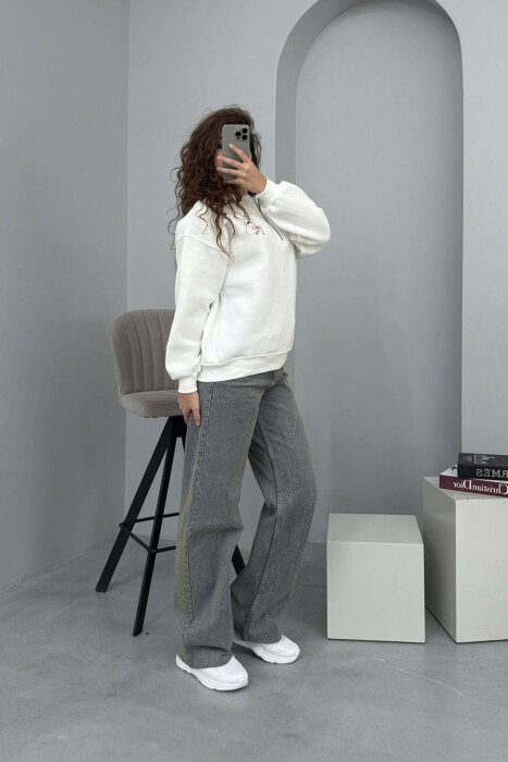BOW DETAIL POLO NECK ZIPPER FLUFFY WOMEN SWEATSHIRT WHITE-E BARDHE - 5