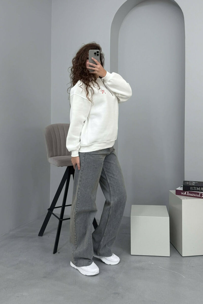 BOW DETAIL POLO NECK ZIPPER FLUFFY WOMEN SWEATSHIRT WHITE-E BARDHE - 5