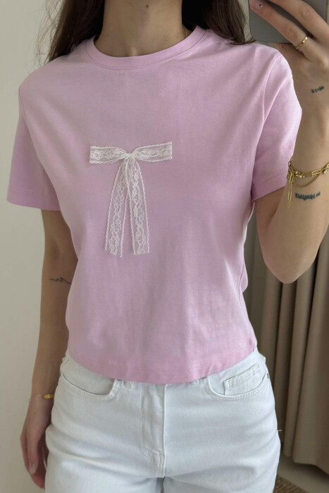 BOW DETAIL ROUND NECK ONE COLOR WOMEN T-SHIRT PINK/ROZE - 2