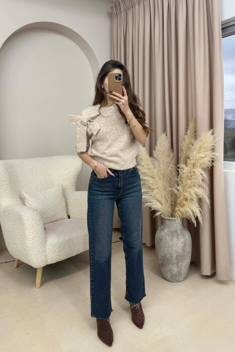 BOW DETAIL SHORT SLEEVES WOMEN SWEATER BEIGE/BEZHE 