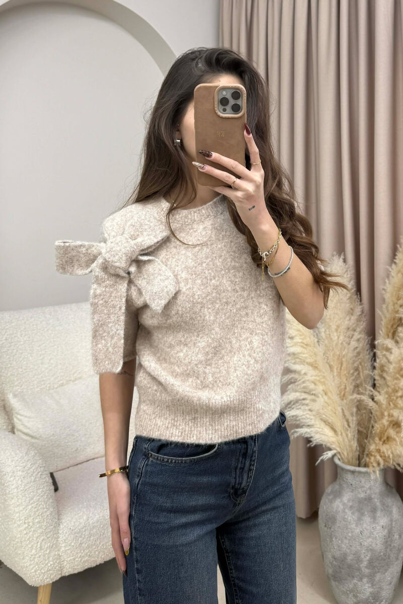 BOW DETAIL SHORT SLEEVES WOMEN SWEATER BEIGE/BEZHE - 2