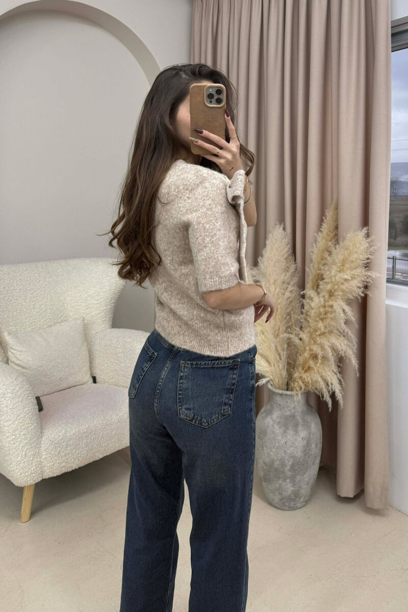 BOW DETAIL SHORT SLEEVES WOMEN SWEATER BEIGE/BEZHE - 3