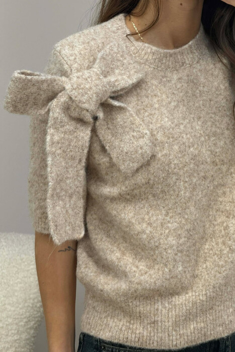 BOW DETAIL SHORT SLEEVES WOMEN SWEATER BEIGE/BEZHE - 4