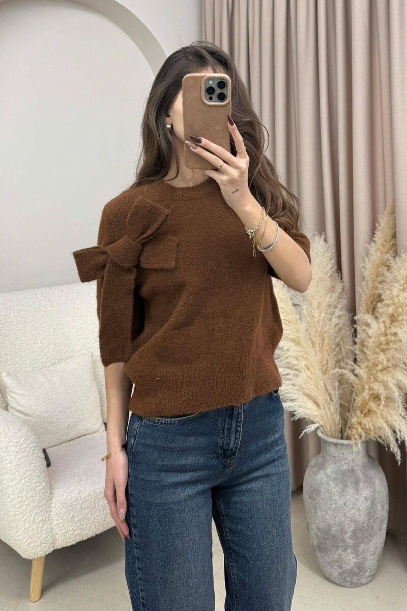 BOW DETAIL SHORT SLEEVES WOMEN SWEATER BROWN/KAFE - 2