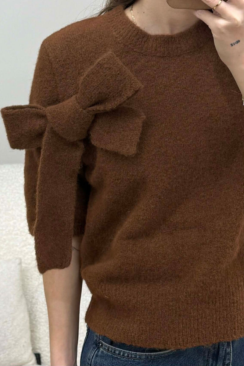 BOW DETAIL SHORT SLEEVES WOMEN SWEATER BROWN/KAFE - 3