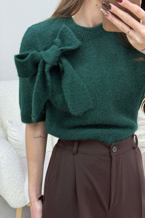 BOW DETAIL SHORT SLEEVES WOMEN SWEATER GREEN/JESHILE - 2