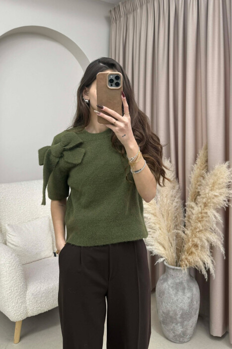 BOW DETAIL SHORT SLEEVES WOMEN SWEATER OLIVE/ULLI - 3