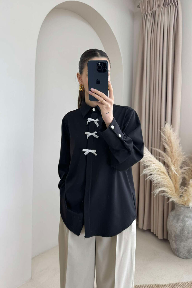 BOW DETAILS ONE COLOR WOMEN SHIRT BLACK/ E ZEZE - 2