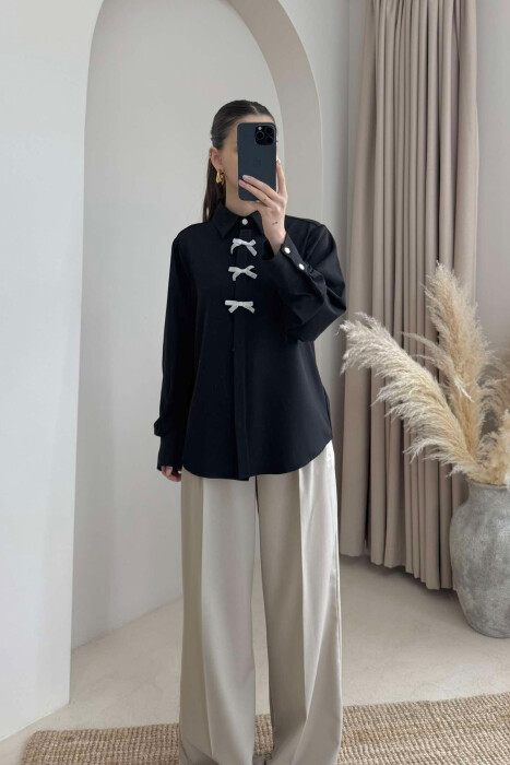 BOW DETAILS ONE COLOR WOMEN SHIRT BLACK/ E ZEZE - 1