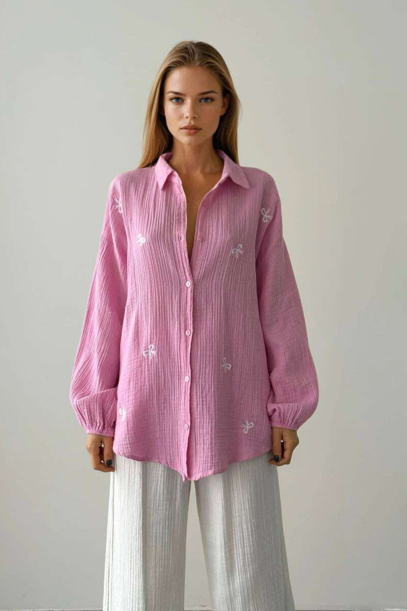 BOW DETAILS ONE COLOR WOMEN SHIRT PINK/ROZE - 1