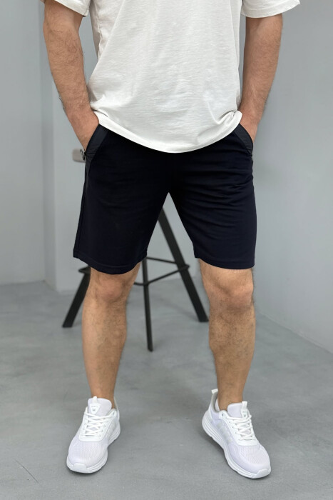 BROKED RULES WRITTING ZIPPER POCKETS MEN SHORT SWEATPANTS DARK BLUE/BEE - KLAUDIO FASHION