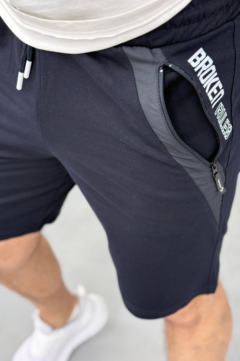 BROKED RULES WRITTING ZIPPER POCKETS MEN SHORT SWEATPANTS DARK BLUE/BEE - 2